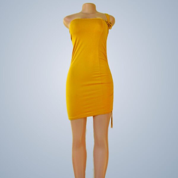 Drawstring Mini Bodycon Sleeveless Spaghetti Straps Backless Tie Short Cami Yellow Dress - Front