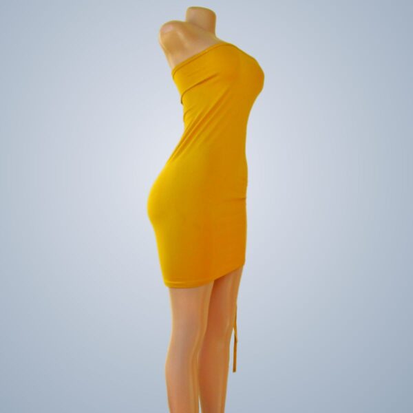 Drawstring Mini Bodycon Sleeveless Spaghetti Straps Backless Tie Short Cami Yellow Dress - Front Side