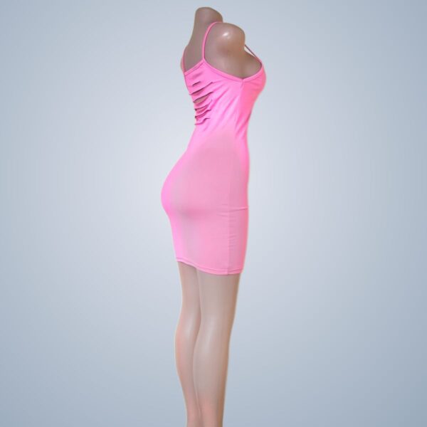 Neon Pink Strappy Cut Out Back Bodycon Dress - Rear Side View
