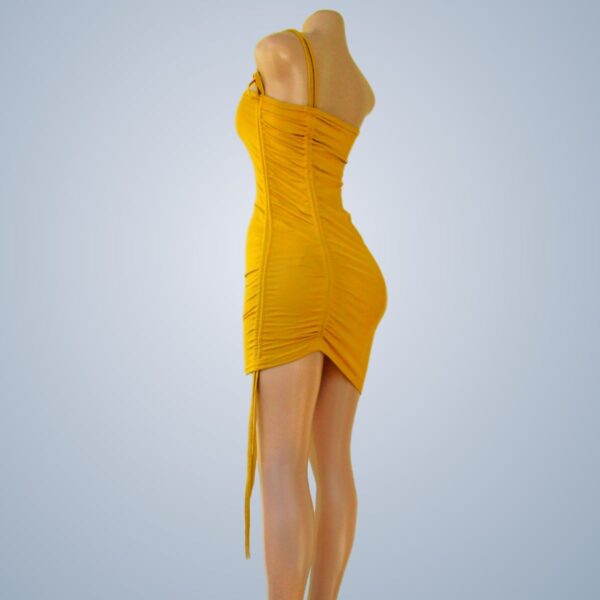 Drawstring Mini Bodycon Sleeveless Spaghetti Straps Backless Tie Short Cami Yellow Dress - Rear Side