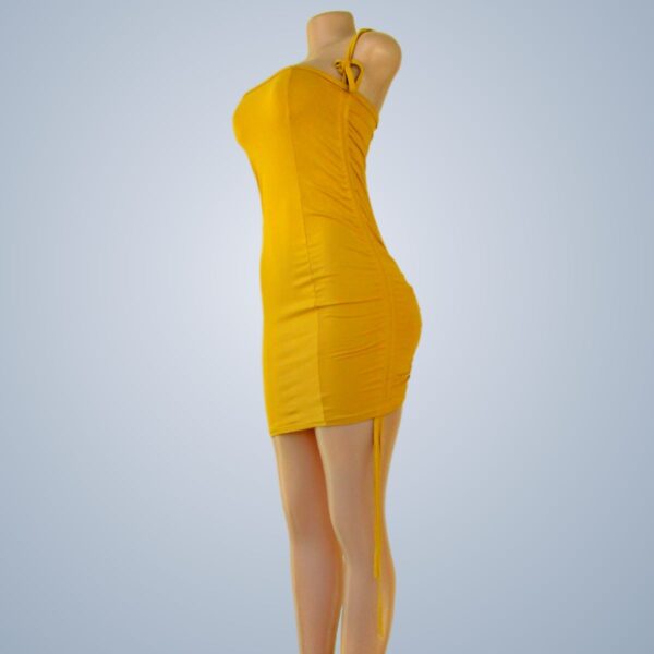 Drawstring Mini Bodycon Sleeveless Spaghetti Straps Backless Tie Short Cami Yellow Dress - Left front Side
