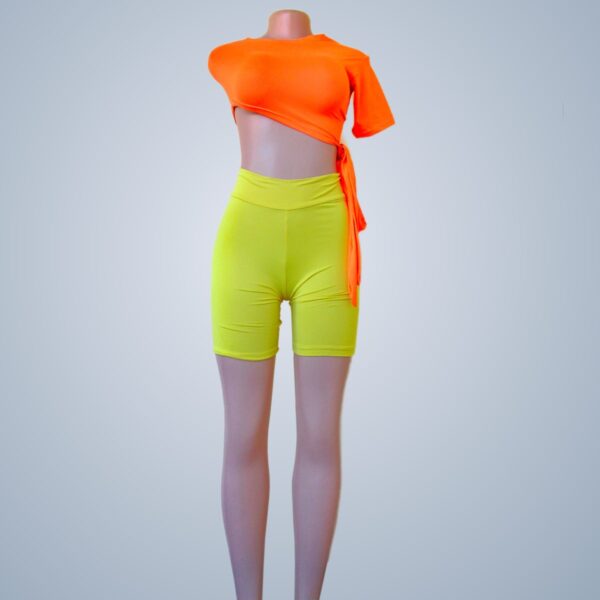 Neon Orange Side Tie Cut Out Crop Top w/ Yellow Sport Fitness Shorts Two Piece - Front View