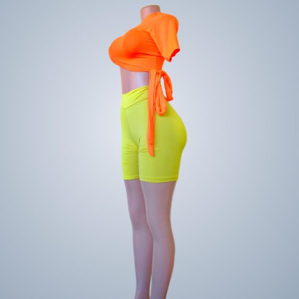 Neon Orange Side Tie Cut Out Crop Top w Yellow Sport Fitness Shorts Two Piece - Front Side View