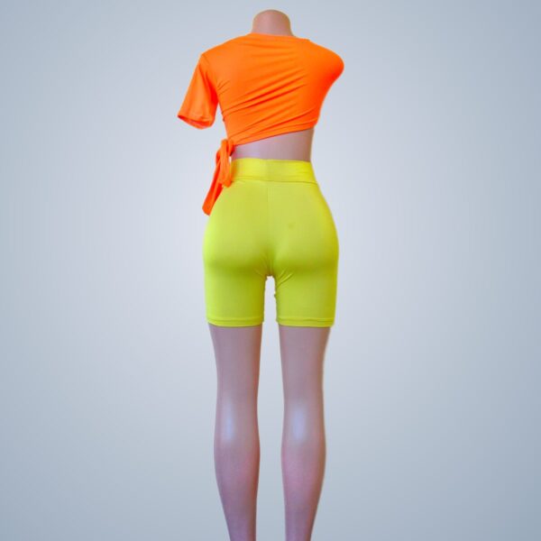 Neon Orange Side Tie Cut Out Crop Top w Yellow Sport Fitness Shorts Two Piece - Rear View